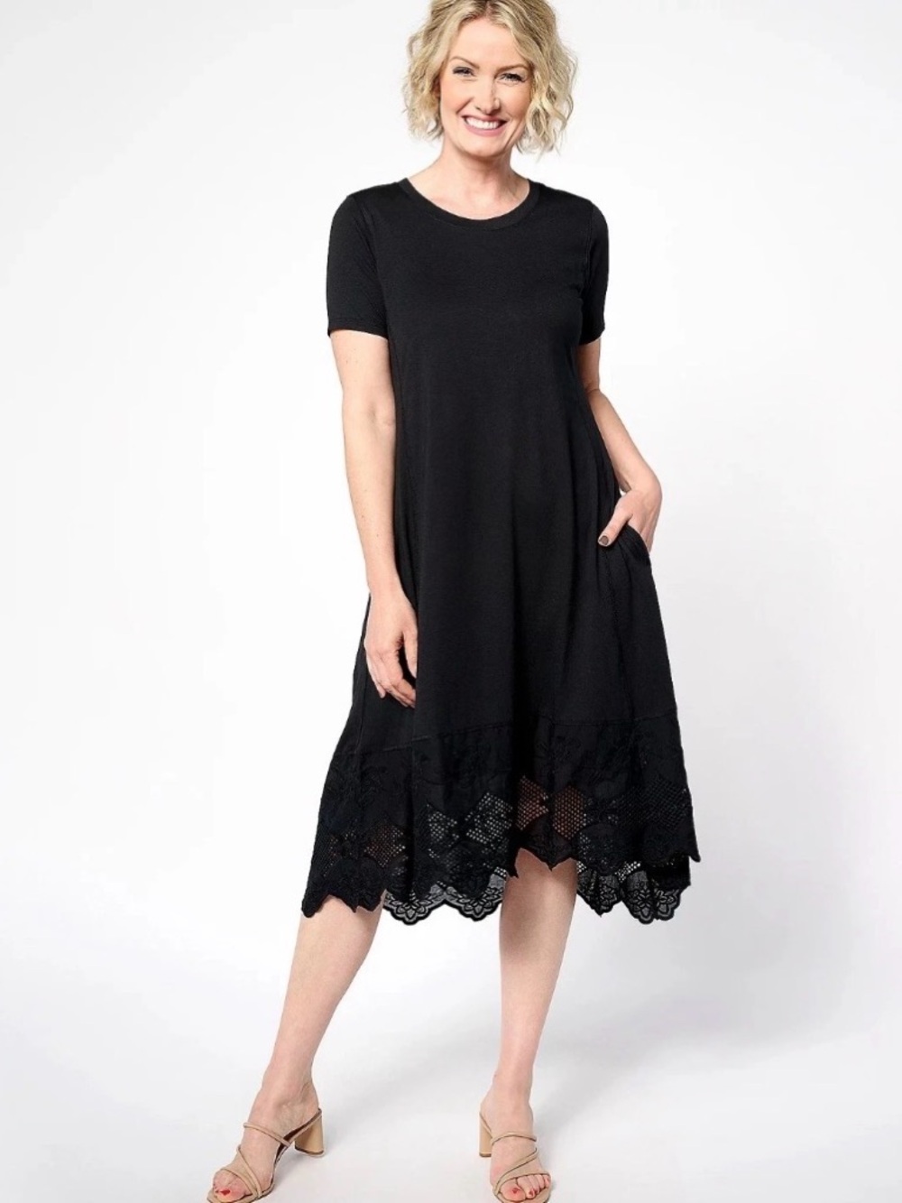 LOGO midi cotton short sleeve dress lace hem black sz XL